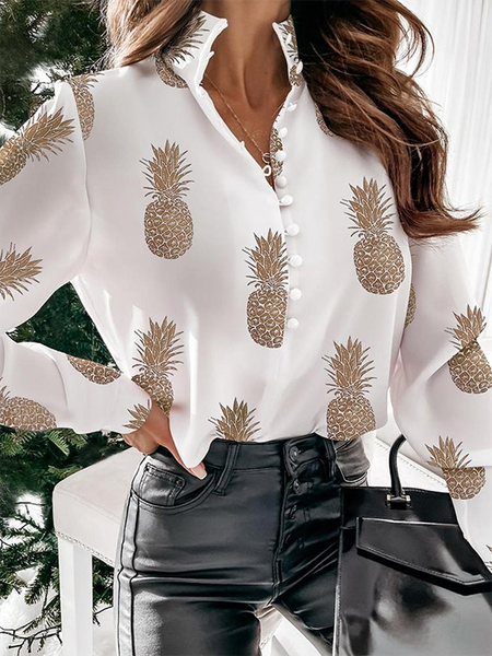 

Long sleeve Stand Collar Pineapple Casual Shirts & Tops, White, Tops