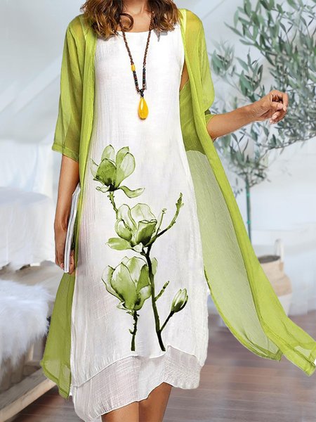 

Two Piece Casual Round Neck Floral Print Linen Half Sleeve Solid Dresses, Green, Floral Dresses