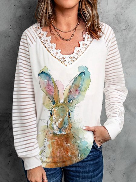 

Easter Bunny Print Casual Holiday Lace Flowers V Neck Tops, White, Long sleeve tops
