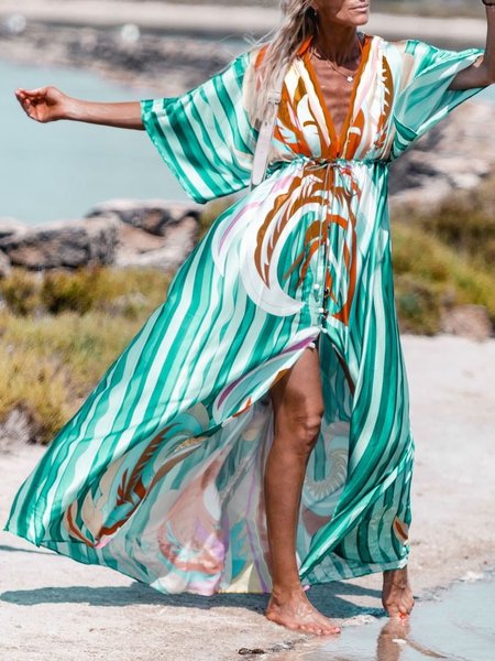 

Contrast Stripe Loose V-Neck Resort Dress, Green, Maxi Dresses