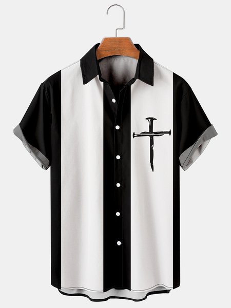 

Mens Crucifix Print Casual Breathable Short Sleeve Hawaiian Shirts, Black, Men's Floral shirt