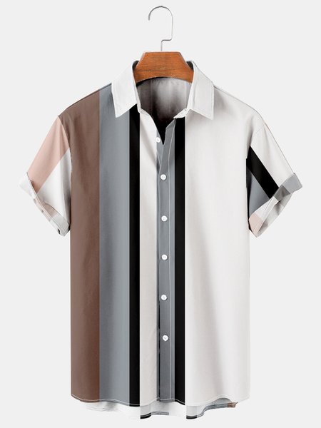 

Mens Casual Classic Striped Casual Breathable Short Sleeve Hawaiian Shirts, White, Men's basic shirt