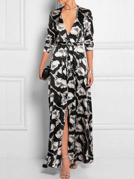 

Spring V neck Long sleeve Loosen Floral Lightweight Date Long sleeve Woven Dress, Black, Maxi Dresses