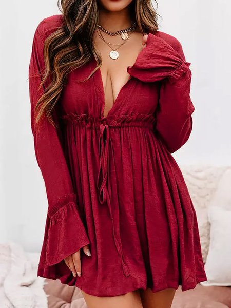 

Loosen Flare Sleeve Sexy Cotton Blends Solid Long Sleeves Short Dresses, Red, Mini Dresses