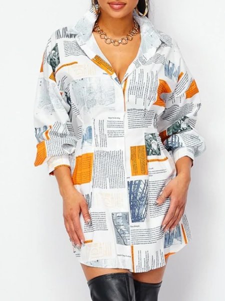 

Daily Printed Slim Fit Shirt Collar Dress, White, Mini Dresses