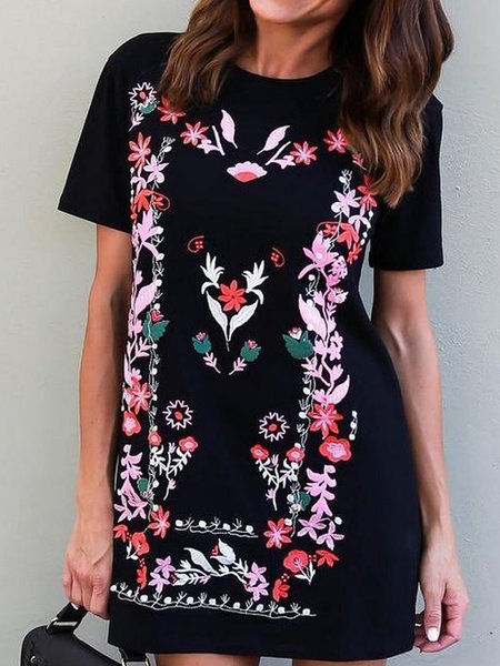 

Tribal Floral Printed Boho Loosen Cotton Blends Crew Neck Short sleeve Knit Dress, Black, Mini Dresses