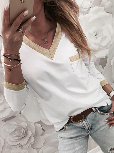 

Long sleeve V neck Casual Color Block Shirts & Tops, White, T-Shirts