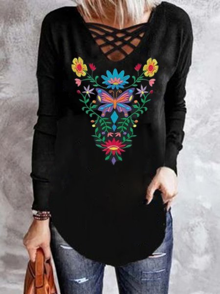 

Floral Embroidered V Neck Casual Long Sleeve Loosen Shirts & Tops, Black, T-Shirts