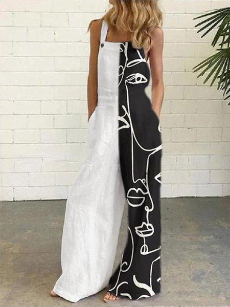 

Color Block Casual One-Pieces, Black-white, Jumpsuits＆Rompers