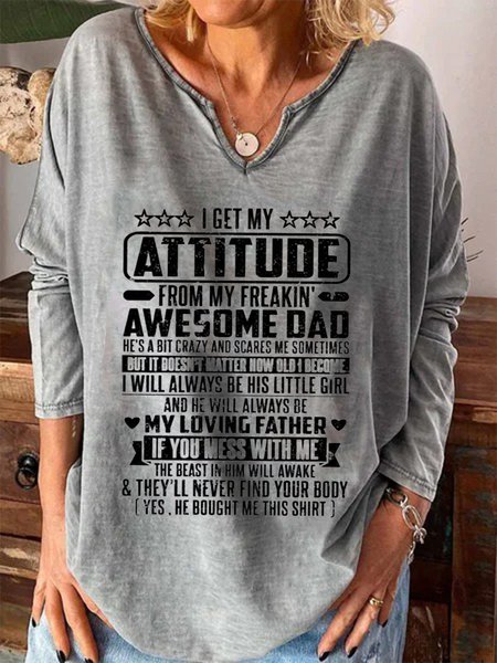 

I Get A Awesome Dad Notched Long Sleeve Plus Size Casual T-shirt, Gray, T-Shirts