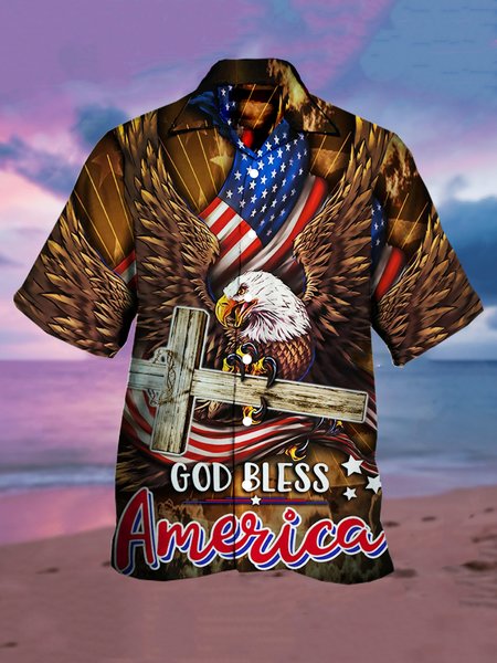 

Mens God Bless America Print Casual Breathable Short Sleeve Hawaiian Shirts, Khaki, Men's Floral shirt