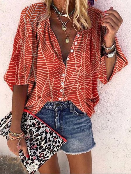 

Leaves Printrd V Neck Buttoned Three Quarter Loosen Casual Mid Sleeve Blouse, Orange, Blouses & Shirts