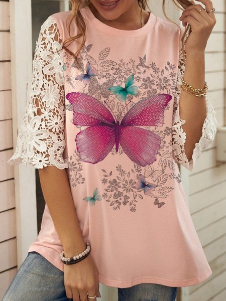 

Pink Butterfly Print Lace Sleeves Round Neck Casual Tunic Tops, Tees & T-shirts