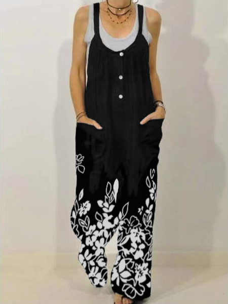 

Floral Loosen Cotton Blends One-Pieces, Black, Jumpsuits＆Rompers