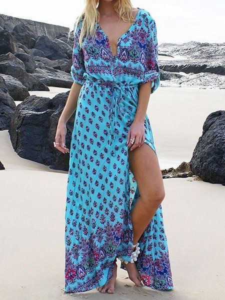 

Tribal Floral Boho Slit V Neck Off Shoulder Loosen Long sleeve Woven Dress, Flower, Maxi Dresses