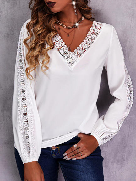 

Lace Vacation V Neck Shirts & Tops, White, Long sleeve tops