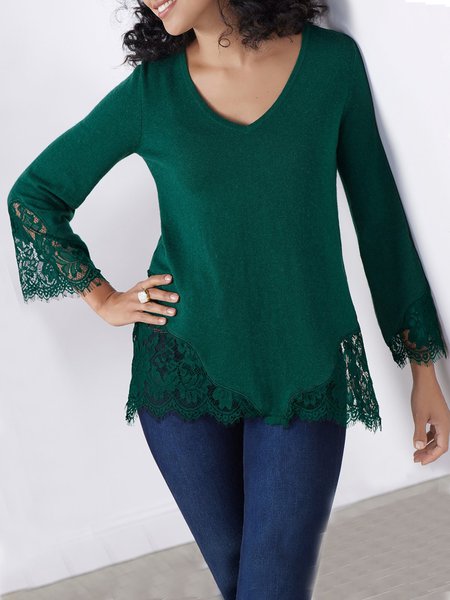 

Solid Flare Sleeve Cotton Blends Loosen Lace Long Sleeves T-shirt Tunic Long Sleeve T-shirt, Green, T-Shirts