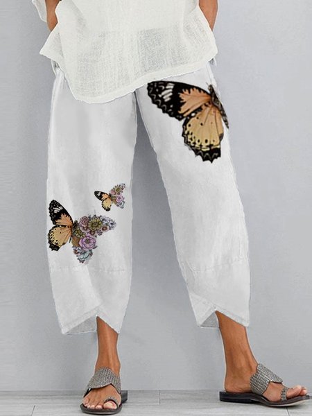 

Vintage Butterfly Linen Casual Simple Pants, White, Pants
