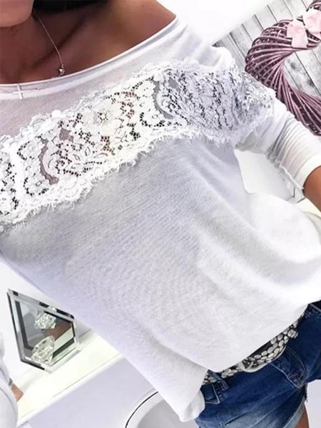 

Solid Casual Loosen Boat Neck Cotton Blends Shirts & Tops, White, T-Shirts