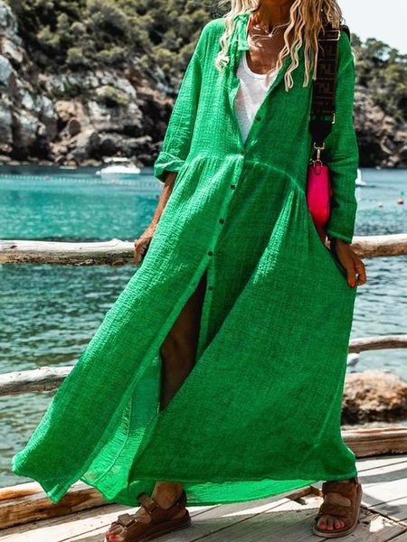 

Off Shoulder Buttoned Loosen Cotton Dresses, Green, Maxi Dresses