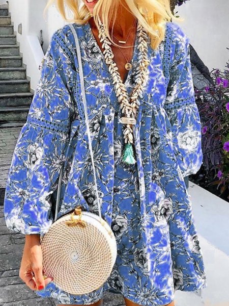 

Loosen Vacation Floral V Neck Midi Long sleeve Woven Dress, Flower, Mini Dresses
