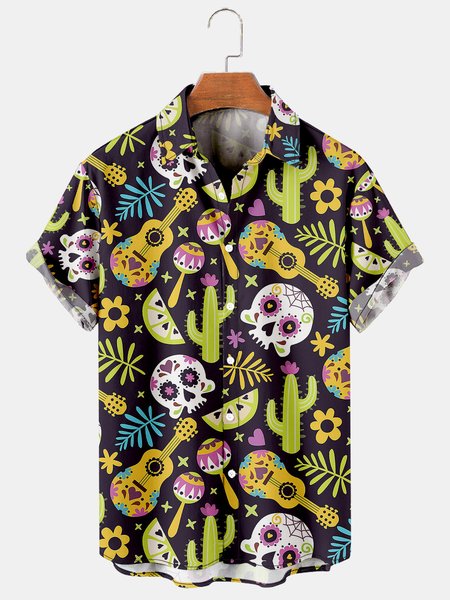 

Men's Vintage Skull Print Loose Short Sleeve Shirt, Yellow, Men's Floral shirt