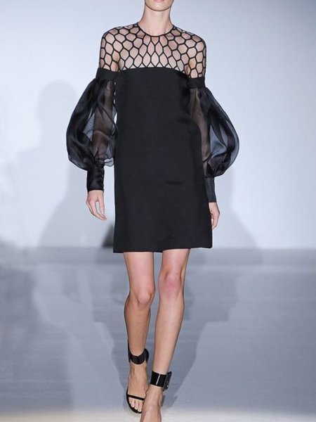 

Spring Long sleeve Regular Fit Elegant Crew Neck Lightweight Long sleeve Woven Dress, Black, Mini Dresses