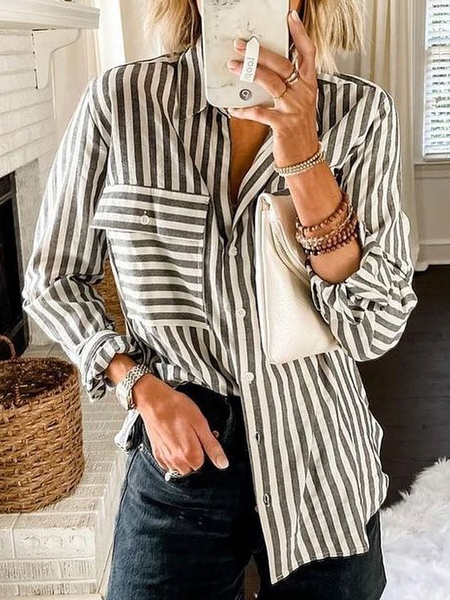 

Striped Loosen Casual Long Sleeve Blouse, Black-white, Blouses & Shirts
