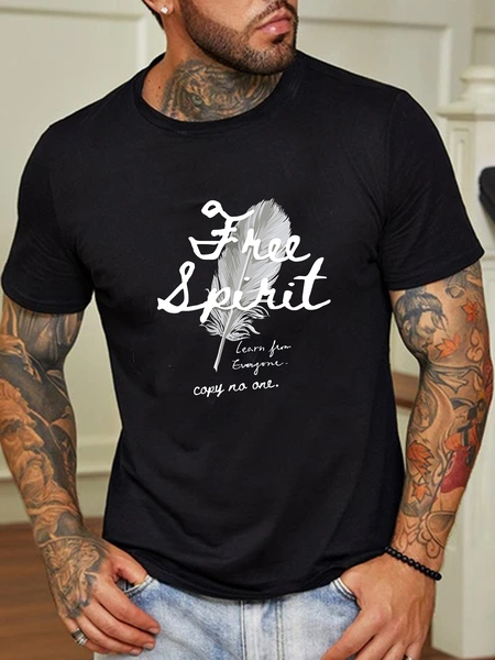 

Feather Letter Casual Short Sleeve T-Shirt, Black, Men's t-shirts