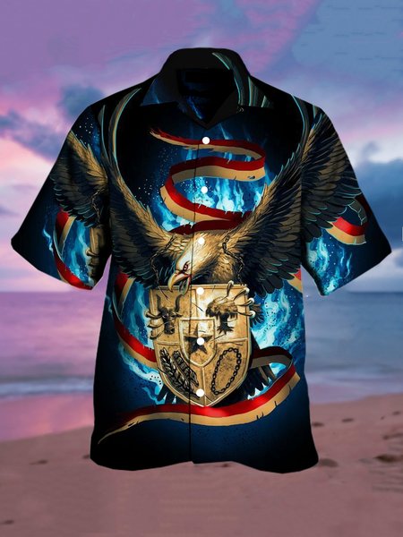 

Mens Eagle Old Glory Print Casual Breathable Short Sleeve Hawaiian Shirts, Blue, Men's Floral shirt