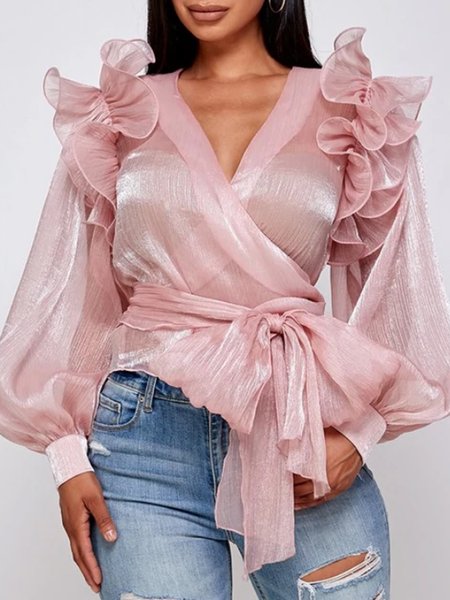 

Elegant Slim Fit Solid V Neck Flouncing Top, Pink, Tops