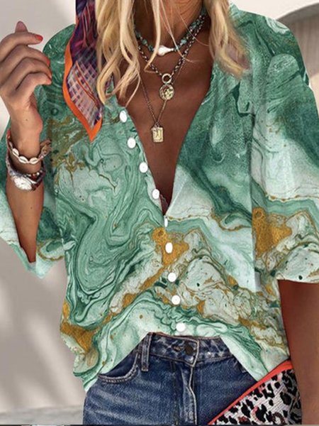 

Casual Geometric Long Sleeve Blouse, Green, Blouses & Shirts
