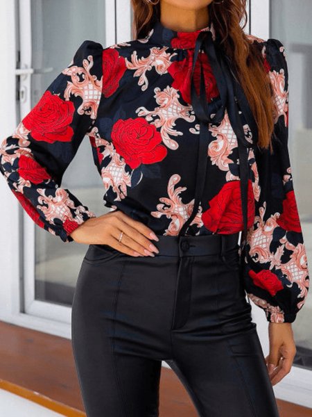 Spring Regular Fit Floral Elegant Lightweight Stand Collar Tops, Black, Tops