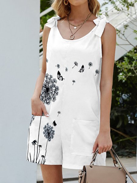 

White Dandelion Print Pocket Sleeveless Romper, Jumpsuits＆Rompers
