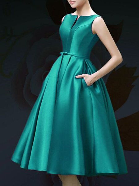 

V Neck Regular Fit Plain Midi Dress, Green, Midi Dresses
