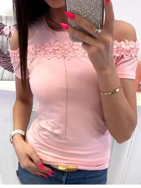 

Romantic Regular Fit Solid Cotton Blends Crew Neck Shirts & Tops, Pink, T-Shirts