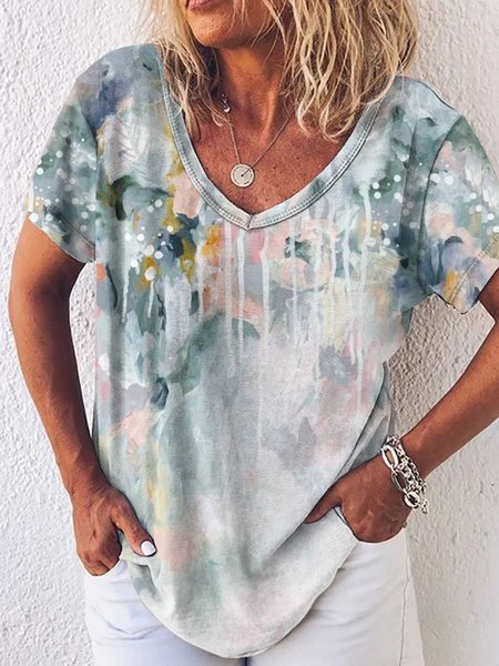 Casual Ombre Abstract Graffiti Shirts & Tops, Grey-blue, T-Shirts