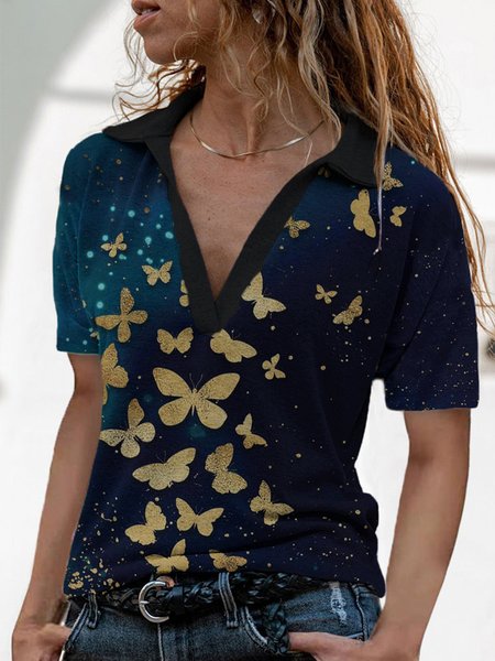 

Shirt Collar Butterfly Cotton Blends Shirts & Tops, Blue, Tops
