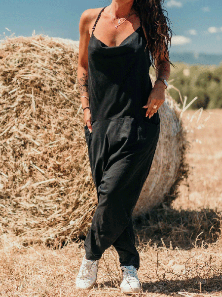 

Spaghetti Casual Solid One-Pieces, Black, Jumpsuits