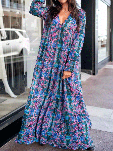 

Casual V Neck Dresses, Blue, Maxi Dresses