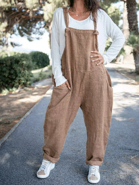 

Khaki Linen Loosen Casual One-Pieces, Jumpsuits