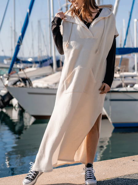 

Hooded Cotton Blends Casual Short sleeve Knit Dress, Apricot, Maxi Dresses