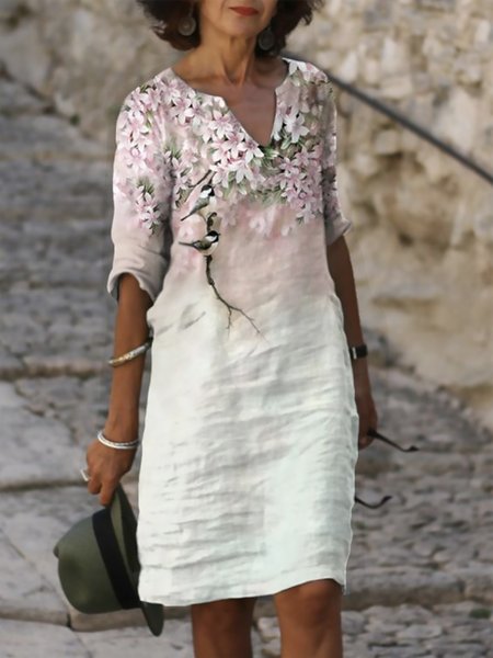 

Ombre Floral Printed Romantic V Neck Loosen Midi Dresses, As picture, Mini Dresses