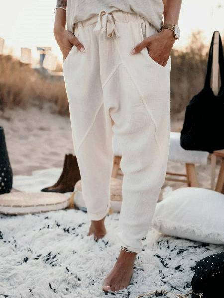 

Casual Lace-Up Solid Sweatpants, White, Sport Pants