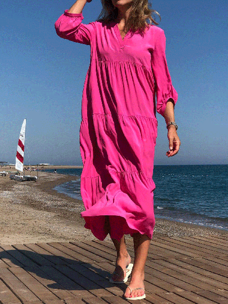 

V Neck Bishop Sleeve Casual Dresses, Rose red, Maxi Dresses