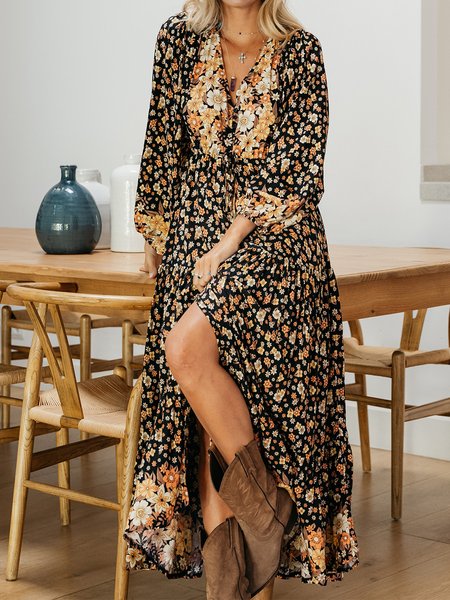 

V Neck Bishop Sleeve Casual Buttoned Long sleeve Woven Dress, Black, Maxi Dresses