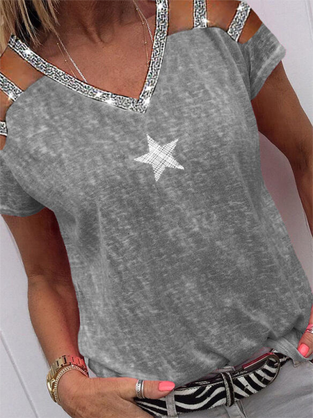 

V neck Short sleeve Casual Star Shirts & Tops, Gray, T-Shirts