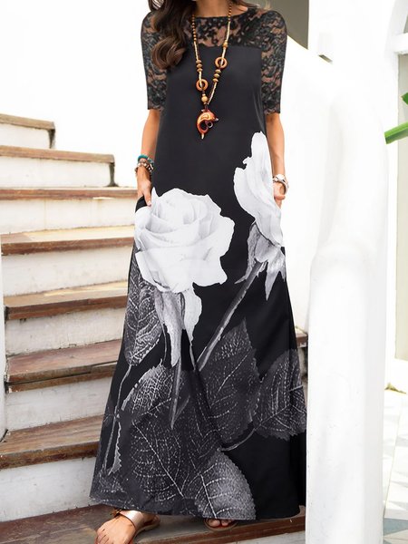 

Romantic See-Through Look Floral Printed Loosen Maxi Crew Neck Dresses, Black, Maxi Dresses