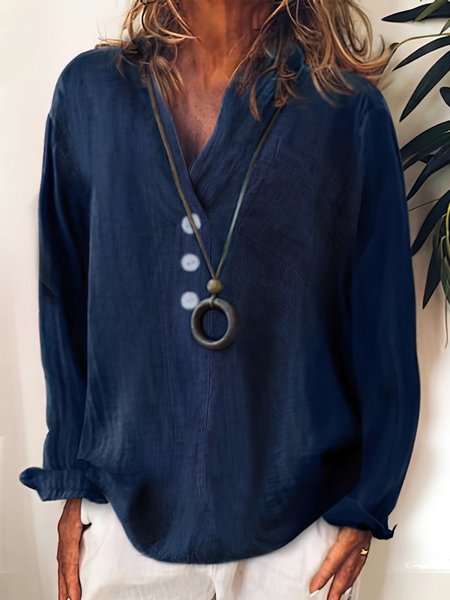 

Women Plain Solid Button V Neck Casual Cotton Long Sleeve Blouse, Blue, Blouses & Shirts