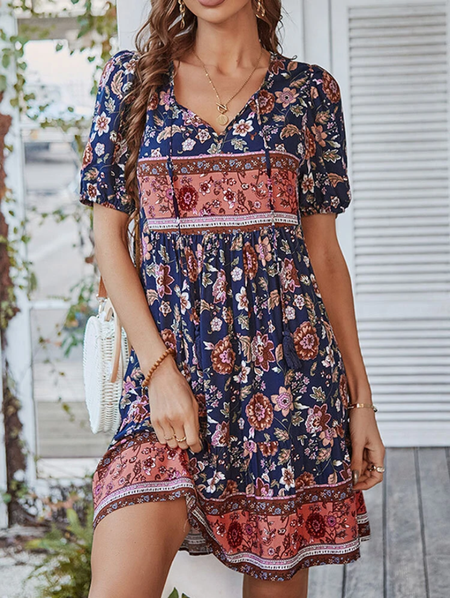 

Casual V neck Cotton Blends Floral Dresses, Flower, Mini Dresses